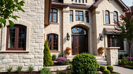 Naklejka premium Luxury Stone House Exterior: Modern Architecture, Elegant Design, Dream Home, Real Estate