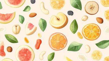 wholesome snack repeat pattern, stylized fruit segments, scattered dried fruit elements, floating nut illustrations, green leaf details, soft color palette, modern vector design, seamless food