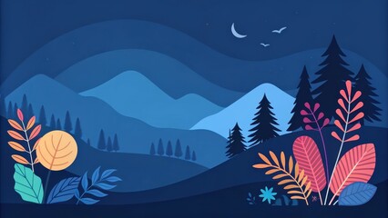 Naklejka premium Serene Night Landscape Mountains, Forest, and Vibrant Flora Under a Crescent Moon