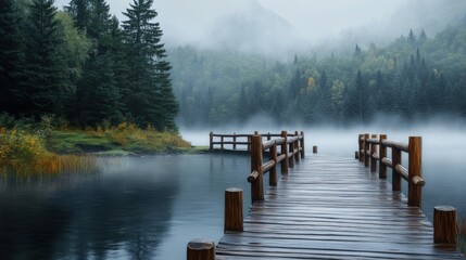 Naklejka premium Serene Dock Overlooking Misty Lake Surrounded by Lush Trees and Mountains in Tranquil Nature Setting