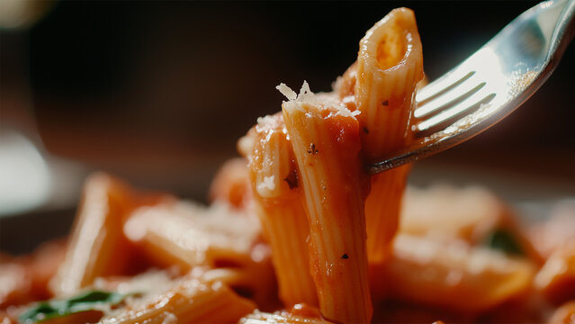 Penne alla Vodka being poked with a fork, thickening from the plate.