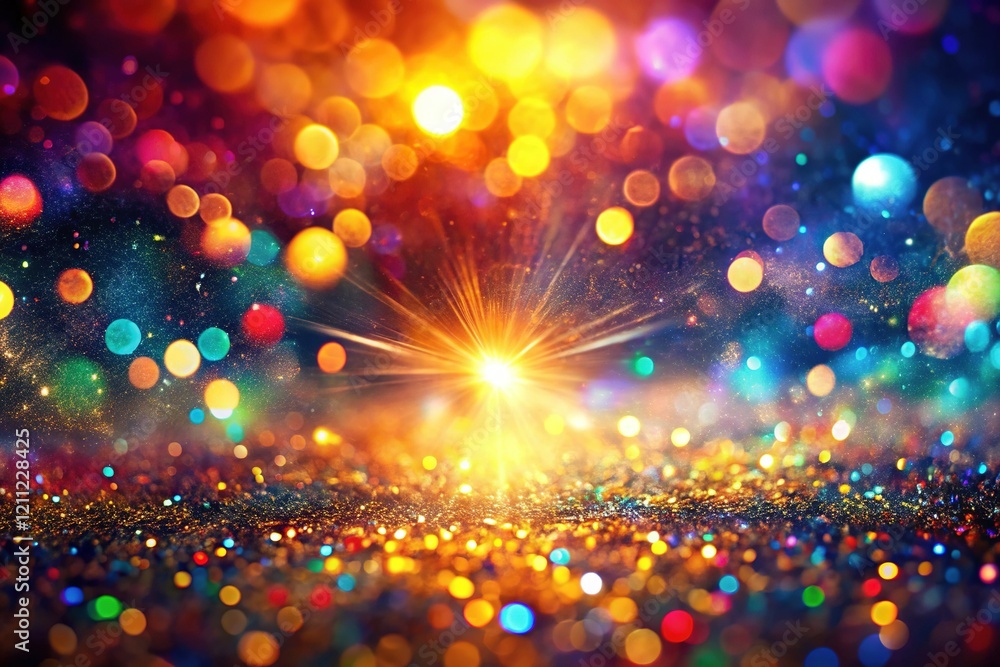 Poster abstract colorful bokeh background with moving particles and lens flare