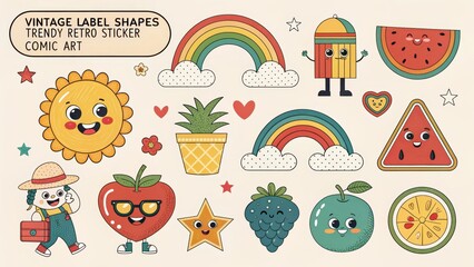Delightful Retro Comic Art Stickers A Collection of Cute Vintage Label Shapes and Trendy Designs