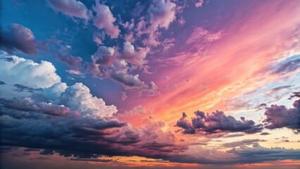 A breathtaking sunset sky with vibrant hues of pink, orange, and purple, adorned with fluffy cumulus clouds and dramatic dark storm clouds, creating a majestic and awe-inspiring celestial spectacle.
