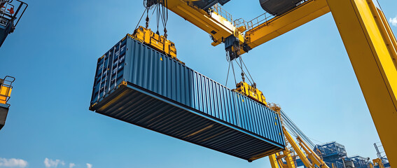 Fototapeta premium Modern shipping terminal with stacked containers and loading trucks in operation.