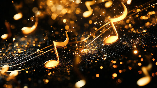 A black background featuring golden musical notes and streamers on one side, while another black background with golden notes is present on the other side 