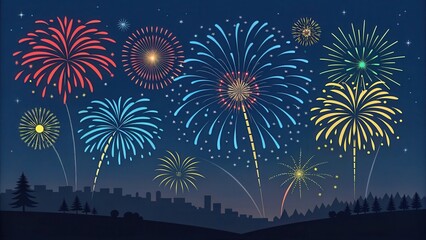 A Night Sky Filled with Vibrant Fireworks Display over a Silhouetted Cityscape