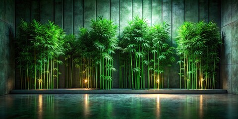 Empty Room, Concrete Interior, Bamboo Green Wall, Night 3D Render
