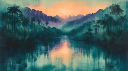 Serene Sunset Over Misty Tropical Lake and Palms