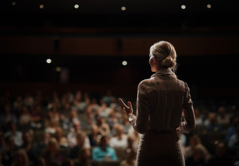 A female business leader is presenting her ideas to an audience in the conference hall