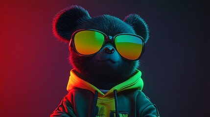Fototapeta premium digital illustration featuring an anthropomorphic bear character with smooth dark fur texture and is wearing oversized, reflective yellow sunglasses that cover its eyes