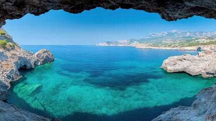 Breathtaking coastal cove view with crystal clear turquoise waters and rocky cliffs