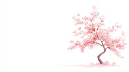 Fototapeta premium Delicate pink watercolor blossom tree with heart-shaped leaves on white background