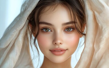 Fototapeta premium Close-up portrait of a young woman with a gentle smile, her hair partially covered by a sheer fabric.