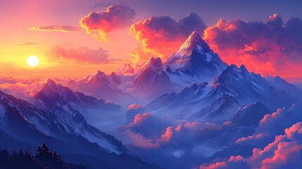 Scenic mountain landscape at sunrise, with clouds floating over the peaks 