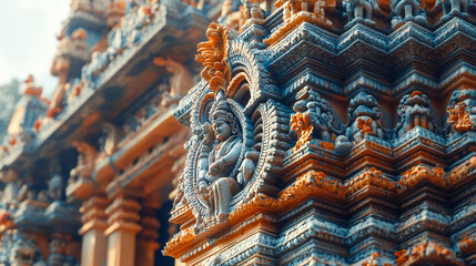 Obraz premium A close-up of the ornate decorations on the Sri Ranganathaswamy Temple in Srirangam, showcasing the intricate sculptures that adorn its gopurams