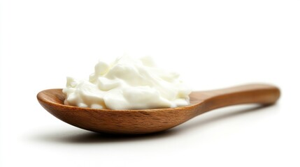 sour cream on wooden spoon, mayonnaise, yogurt, isolated on white background, full depth of field