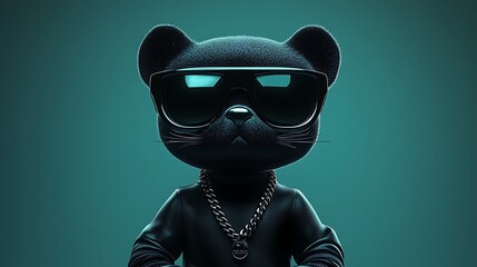 digital illustration featuring a stylized anthropomorphic black panther character depicted wearing oversized black sunglasses and a black hoodie, giving it a modern and trendy appearance