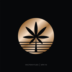simple logo design of cannabis marijuana circle and beach sunset