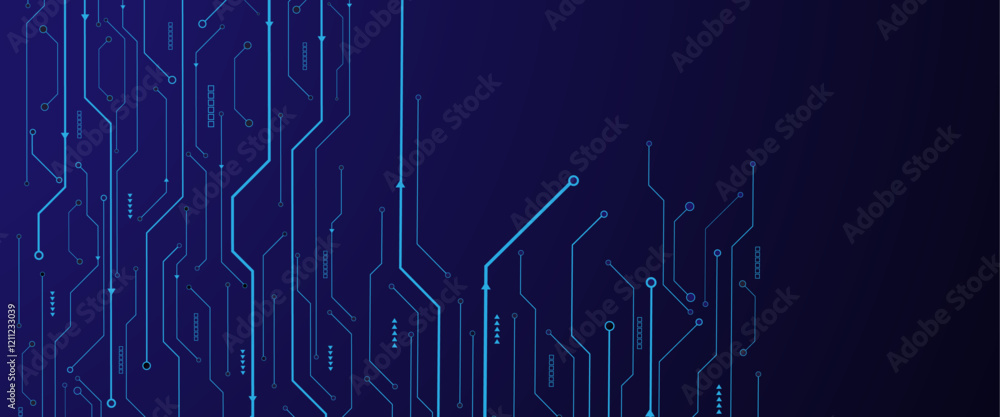 Poster Glowing light blue neon AI chip with thin circuit contact lines. Technology lines circuit and dots on blue background, circuit board network connection.