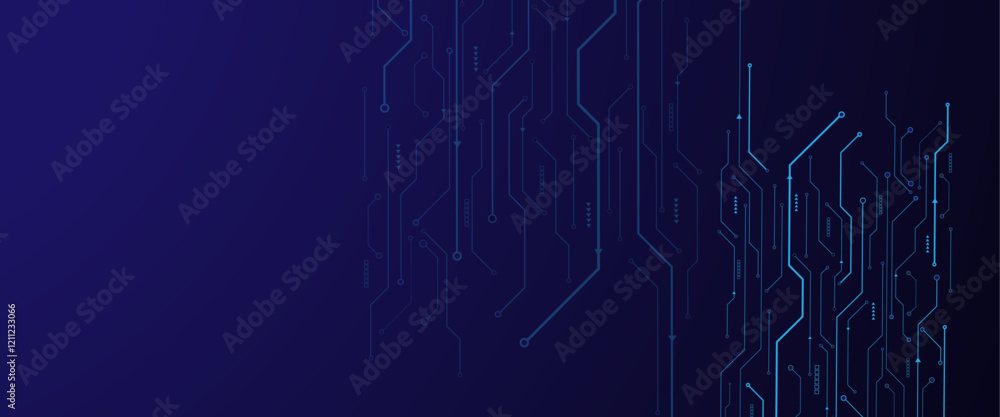 Poster Vector Technology connected dark blue lines and dots with electronics elements on tech bg. Digital technology futuristic internet network speed connection dark blue background.