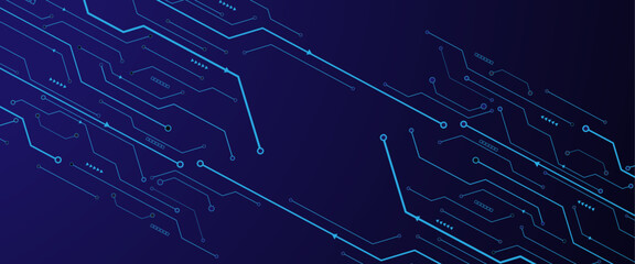 Glowing light blue neon AI chip with thin circuit contact lines. Technology lines circuit and dots on blue background, circuit board network connection.