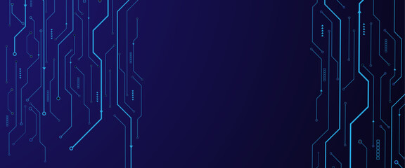 Glowing light blue neon AI chip with thin circuit contact lines. Technology lines circuit and dots on blue background, circuit board network connection.