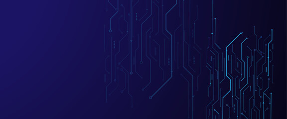 Vector Technology connected dark blue lines and dots with electronics elements on tech bg. Digital technology futuristic internet network speed connection dark blue background.