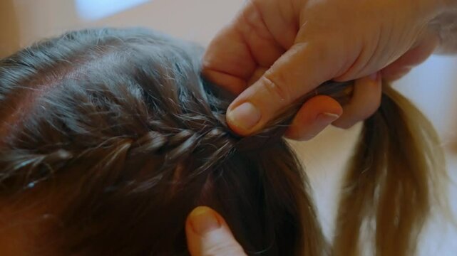 Detailed shot of hands creating an intricate braid on brown hair, emphasizing care and technique. Hairstyling with natural light and a clean aesthetic. Suitable for tutorials and fashion themes