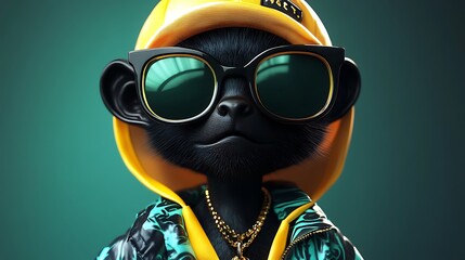 Fototapeta premium digital illustration featuring a stylized anthropomorphic monkey character, dark blue skin tone and is wearing oversized reflective sunglasses with a dark tint