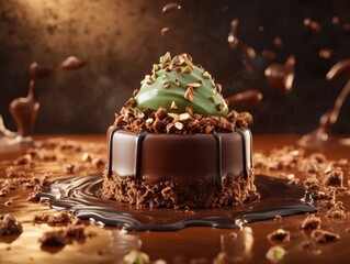 Obraz premium Indulge in this Exquisite Elegant Chocolate Pistachio Entremet Layers of Rich Chocolate Mousse, Creamy Pistachio Filling, and a Smooth Chocolate Glaze Experience Luxury Plating, Decadent Flavors, and