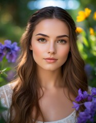 Naklejka premium Graceful Elegance in Bloom: A Serene Portrait Amidst Vibrant Flowers