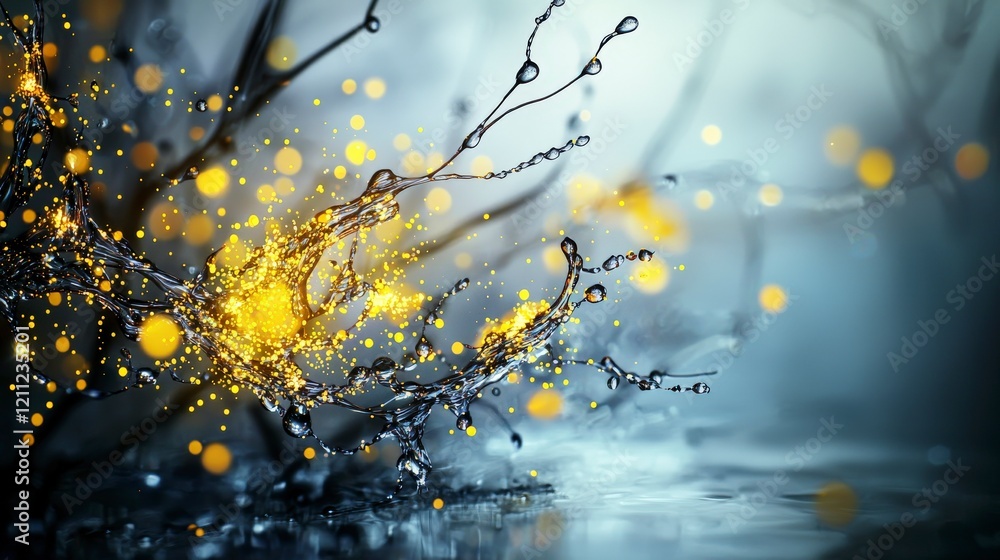 Poster Glowing yellow specks vibrating in water nature scene visual art abstract environment close-up perspective