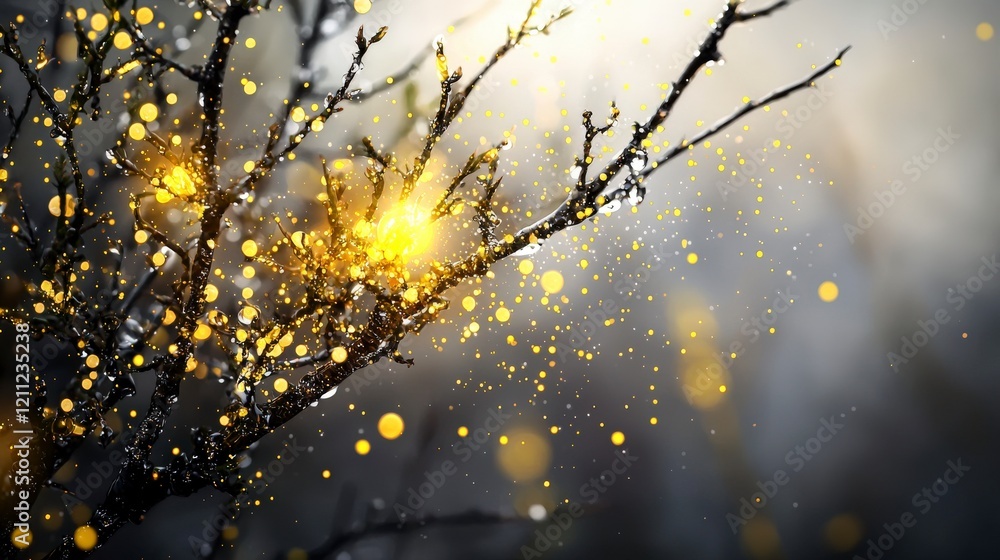 Poster Vibrant yellow glowing specks dancing on branches in nature macro photography ethereal environment close-up view