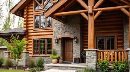 Rustic Log Cabin Home with Stone Exterior and Porch. Luxurious mountain retreat design, perfect for nature lovers. Stunning architecture and landscaping details.