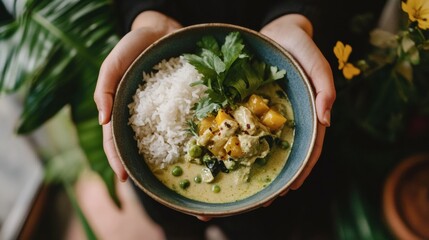 A bowl of Thai green curry served with jasmine rice, styled with a cozy tropical vibe