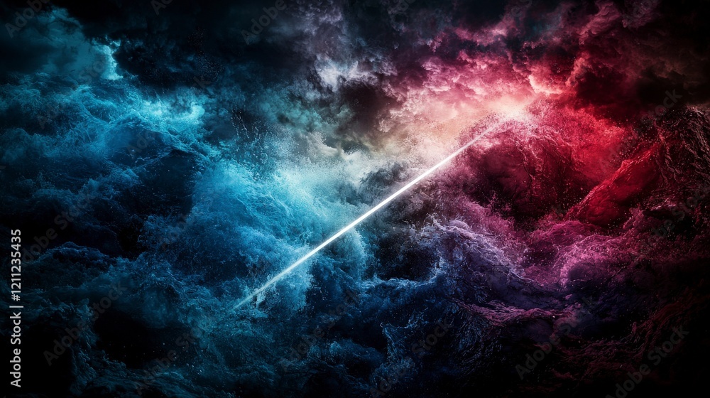 Poster Dynamic contrast of a single fine white line cutting through turbulent clouds abstract art digital concept cosmic environment