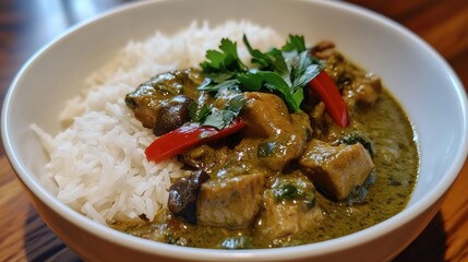A bowl of Thai green curry served with jasmine rice, styled with a cozy tropical vibe