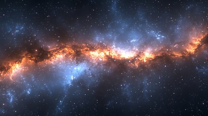 Digital illustration of a galaxy, showcasing a vibrant and colorful depiction of outer space, fiery orange and yellow hues representing a dense cluster of stars and cosmic dust