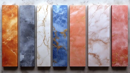 Seven Varied Marble Slabs Displayed in a Row