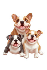 Fototapeta premium A family of Bulldogs, isolate on white background, showcasing their joyful interactions and fluffy appearances. cutout png