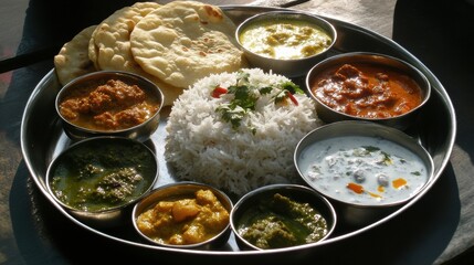 A colorful Indian thali platter with various curries, rice, and naan, styled with intricate traditional decor