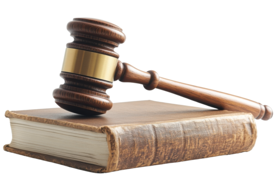 Judge's gavel and old law book isolated on transparent background