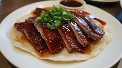 A plate of Chinese Peking duck served with pancakes, hoisin sauce, and green onions