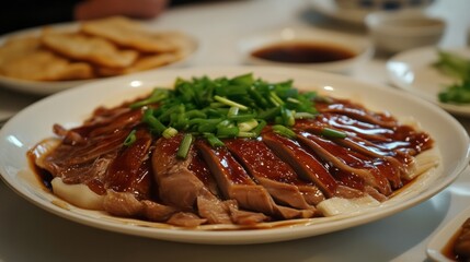 A plate of Chinese Peking duck served with pancakes, hoisin sauce, and green onions