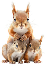Obraz premium A family of squirrels, isolate on white background, illustrating their loving interactions and diverse personalities. cutout png