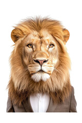 Fototapeta premium A lion dressed in a sharp suit, isolate on white background, blending elegance with wildness. cutout png