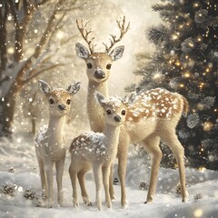 Enchanting Deer Family in Snowy Winter Woodland Wonderland