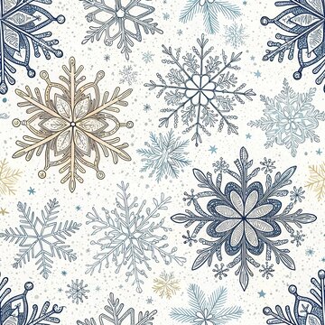 Fototapeta Seamless winter pattern with snowflakes in elegant blue and gold colors