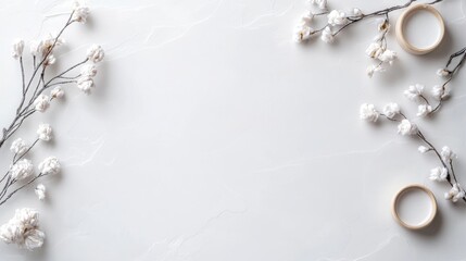 Fototapeta premium Minimalist white cotton flowers, cream jars, marble background; blog, website header